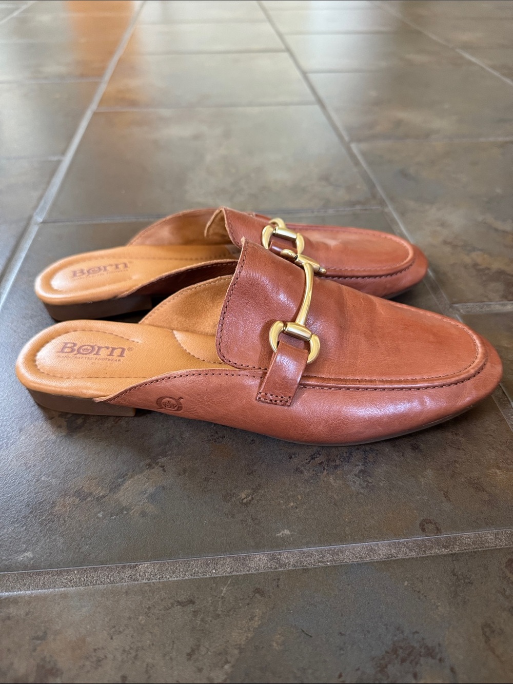 Born Leather Horsebit Mule Loafers Slippers Flats Cognac Brown Women’s Size 8 - Picture 2 of 6